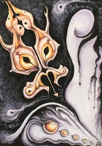 Zeitgenössische surrealistische abstrakte Komposition Gouache Gemälde signiert - Bild 1 von 12