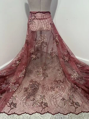 Burgundy Pink Multi Sequins Embroidery Lace Fabric 50” Width 1 Yard - Image 1 of 4