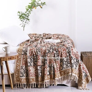 Hand Block Printed Throw Blanket Rug Sofa Bed Couch Fringe Soft Cotton Blankets - Picture 1 of 13