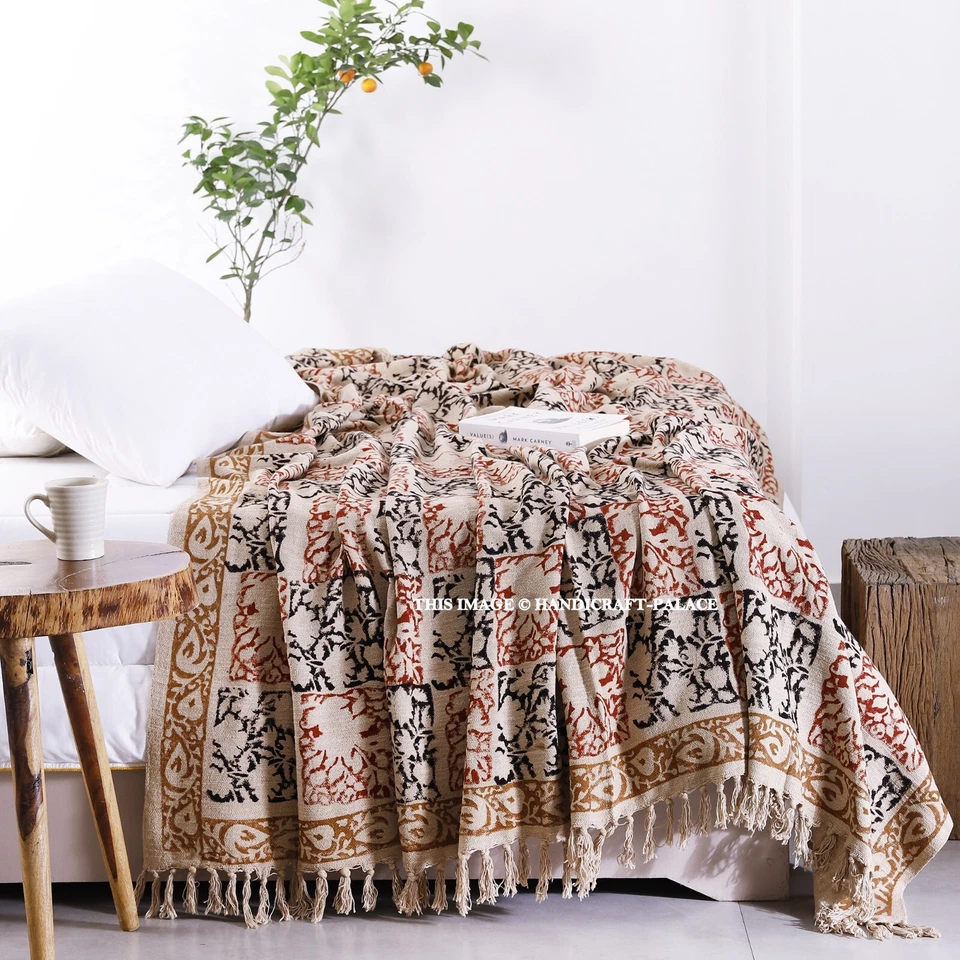 Hand Block Printed Throw Blanket Rug Sofa Bed Couch Fringe Soft Cotton Blankets - Image 1 of 1