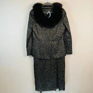 Vintage 60s Skirt Suit Set Metallic Black Gold Fur Collar Women's Size M/L - Picture 1 of 10