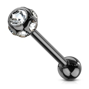 1 Pc Black Titanium Anodized With Multi Clear CZ Barbell Tongue Ring 14g - Picture 1 of 1