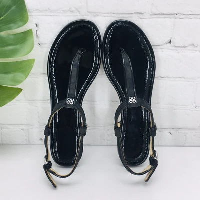 Sandalias de tanga Coach para mujer talla 8 B charol negro monograma tiras en T Foto 1 de 4
