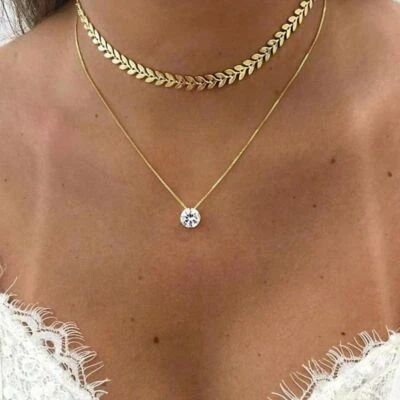 Collares de Cadena Huesos de Pez-Color Dorado Elegante Cristal Colgante Collar Moda Foto 1 de 4