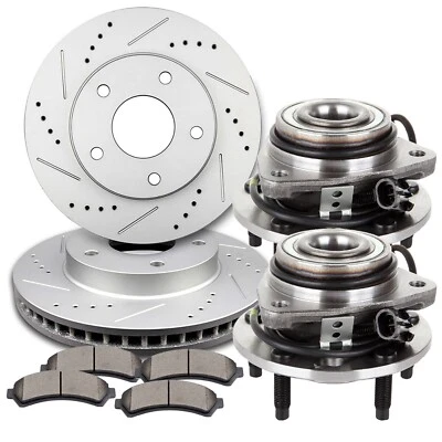 Front Drill Brake Rotors And Ceramic Pads & Wheel Hub Bearings For Chevrolet GMC - Image 1 of 4
