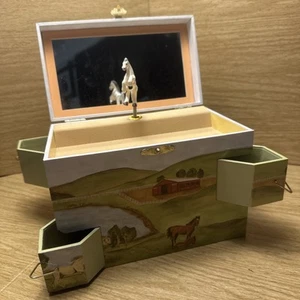 Musical Jewerly Box w/4 Pull Out Corner  Drawers large Barn Design Horse Spins - Picture 1 of 14