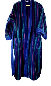 Accappatoio vintage Rountree York uomo pesante in tessuto spugna OS blu verde righe rosse ottime condizioni - Foto 1 di 11