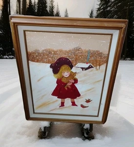 Dipinto olio vintage incorniciato inverno giovane ragazza WCat originale dipinto a mano vedi P - Foto 1 di 12