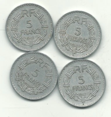 VERY NICE LOT 4 FRANCE 5 FRANCS ALUMINUM COINS-1945B,(2)1947B,1949-JAN158 - Image 1 of 2