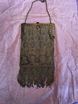 Antique French Micro Steel Bead Purse - Vintage Metal Beaded Fringe Flapper Bag - Image 1 of 4