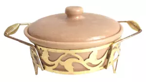 Vintage Bauer Pottery Monterey Moderne Beige Speckle Casserole Lid w Brass Stand - Picture 1 of 10