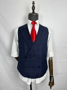 SuitSupply Ferrara DB Weste Vest 100% Wolle blau kariert spitzes Revers US Größe 40 S - Bild 1 von 21