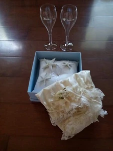 Wedding themed bundle - Champagne toasting glasses, ring pillow, and vintage bag - Picture 1 of 3