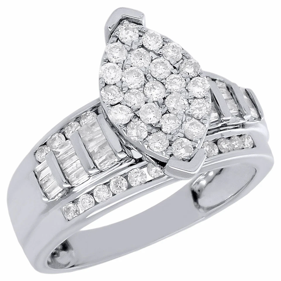 10K White Gold Baguette Diamond Marquise Cluster Ladies Wedding Ring 1 Ct. - Image 1 of 4
