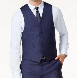 Michael Kors Men Blue Plaid Wool 5-Button Dress Suit Vest Waistcoat Size 44S - Picture 1 of 1