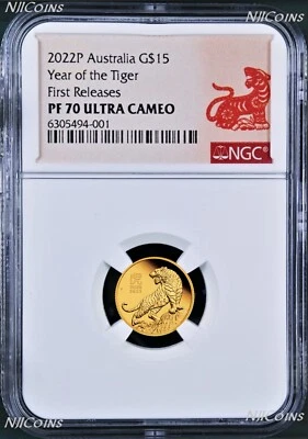 2022 Australia 1/10oz PROOF GOLD Lunar Year of the Tiger NGC PF70 $15 Coin FR - Image 1 of 4