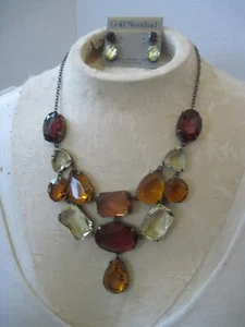 Muli-Colored Gemstone Necklace Matching Earring Set Vintage Costume Jewelry New - Picture 1 of 10