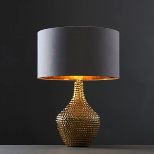 Gold Hammered LED Table Lamp Large Living Room Lounge Light Fabric Shade & Bulb - Picture 1 of 8
