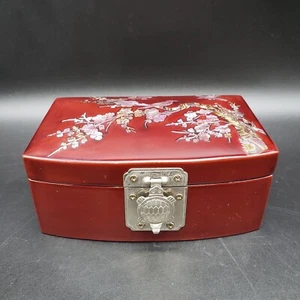 Vintage Korean Lacquer Jewelry Box Red MOP Inlay Birds Velvet Interior 1950s - Picture 1 of 13