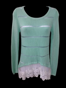 illa illa Sz. S Pullover Long Slv. Layered Look Hi-Lo Sweater Green & White Lace - Picture 1 of 20