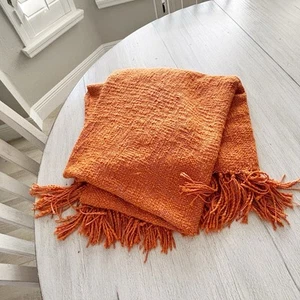POTTERY BARN Burnt Orange Chenille Throw Blanket Fringed Cozy Soft 48” X 62” - Picture 1 of 6