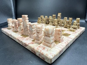 Vintage Hand Carved Marble Chess Set Tan & Rose/ Pink Marble Aztec Complete 7.5" - Picture 1 of 18