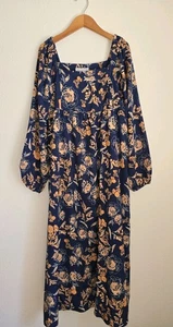 NWT Hayden BOHO Midi Dress Puff Sleeves High Waist Floral -Navy Blue Lined Large - Picture 1 of 6