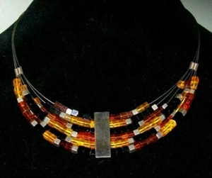 Vintage Six Strand Sterling Silver & Multi-Colored Square Beaded Necklace/Choker - Picture 1 of 7