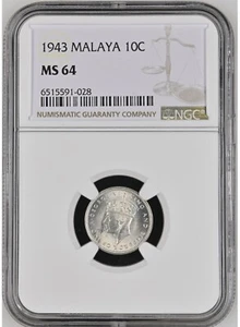 MALAYA 10 Cents 1943, NGC MS 64 Choice UNC / BU Full Luster, KGVI. ..A4 - Picture 1 of 2
