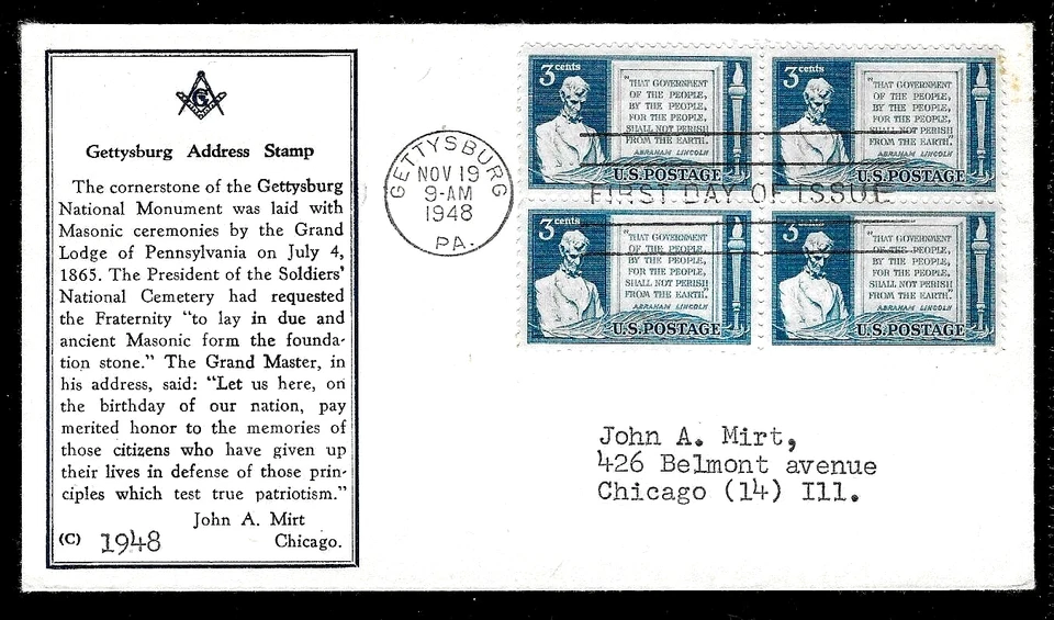 978 3c Stamp (1948) PRESIDENT ABRAHAM LINCOLN MASONIC FDC BY JOHN A. MIRT - Image 1 of 1