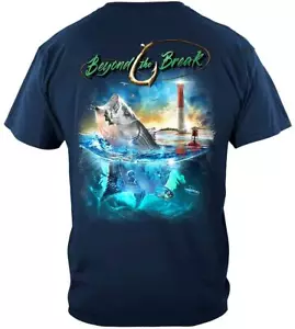 Striped Bass Fish Beyond The Break Fishing 100% Cotton Navy T-Shirt - Picture 1 of 3