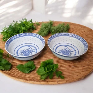 Chinese Blue and White Bowls - Rice Pattern - Blue Flower - Set of 2 - 18cm - Picture 1 of 6