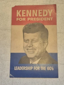 Original JOHN F KENNEDY Cardboard LEADERSHIP For 60s CAMPAIGN POSTER 13.5" x 21" - Picture 1 of 7