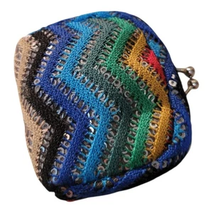 Colorful Woven Kiss Lock Clasp Change Purse Mirror Small Coin Rainbow Wallet - Picture 1 of 7