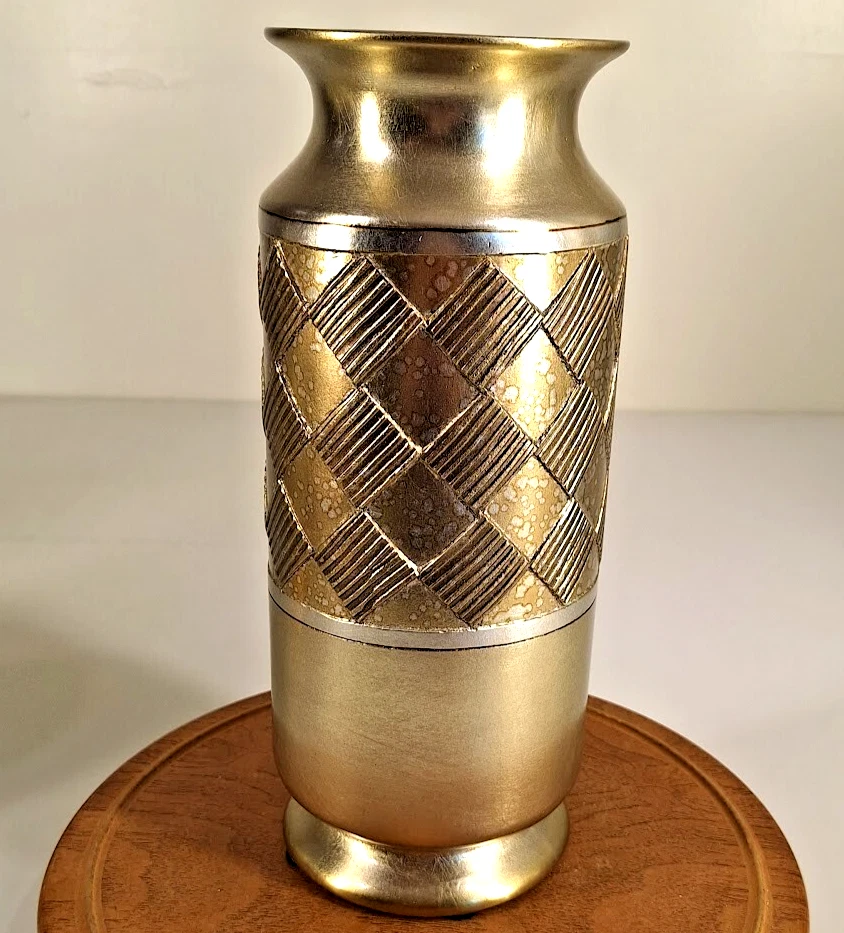 Jarrón de cerámica vintage decoración flor arte cerámica en relieve tono dorado Foto 1 de 4