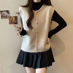 Single Breasted Sleeveless Sweater Round Neck Knitwear Women Girls - Picture 1 of 16