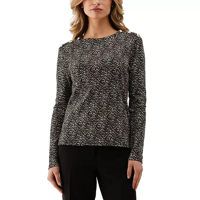 Rafaella Knit Top Womens S Multi Leopard Print Crest Button Shoulder Round Neck