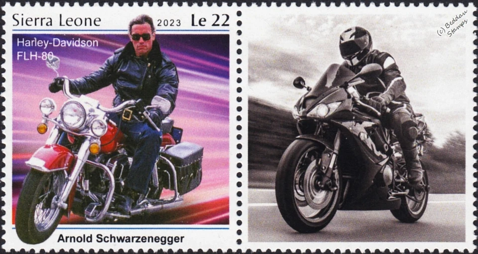 Arnold Schwarzenegger HARLEY-DAVIDSON FLH-80 Motorcycle Stamp 2023 Sierra Leone - Image 1 of 1