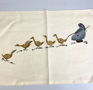 Completed Vintage Cross Stitch Farm Woman and Ducks Geese - Picture 1 of 12