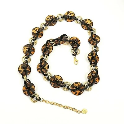 R J Graziano Tortoise Brown Circle Gold Black Chain Long 32” Necklace Signed  - Image 1 of 4