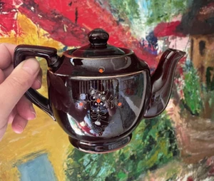 Redware Personal 14 oz Teapot Brown Clay Hand Painted Made In Japan Vintage 1950 - Picture 1 of 9