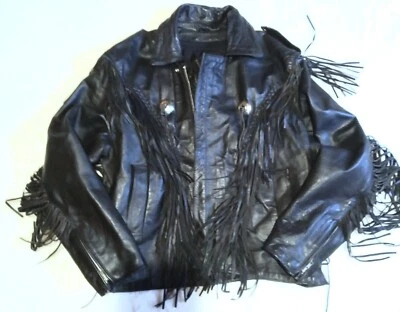 Barneys Cuero Daytona Beach FLA Negro con Flecos Largos Talla 48 Cuero Pesado  Foto 1 de 4