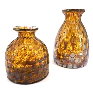 Amber Thumbprint Vases Lot of 2 Recycled Glass Oil Slick 4 and 6" Unsigned - Picture 1 of 11