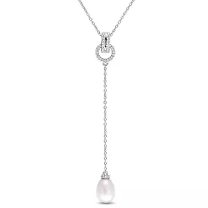 Amour Sterling Silver White Topaz and Cultured Freshwater Pearl Lariat Necklace - Picture 1 of 6