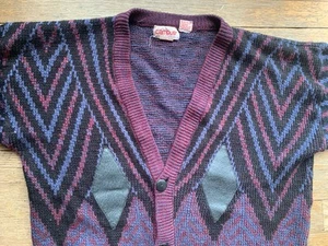 Vintage Campus Graphic Cardigan Sweater Acrylic Size L Faux leather Trim Purple - Picture 1 of 9