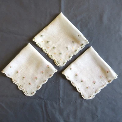 Винтажный итальянский 3 носовых платка квадратный белый розовый синий вышитый цветочный изящный - Изображение 1 из 4