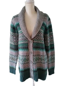 Maurices Cardigan Maglione Grande Verde Teal Grigio Righe Fair Isle Nordic - Foto 1 di 8