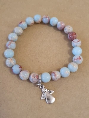  Armband aus Amazonit Edelsteinen,  Dehnbar , mit Engel Anhänger  - Bild 1 von 3