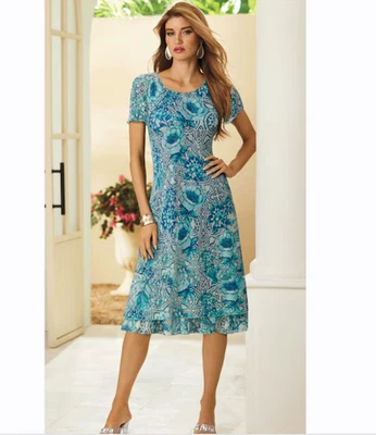 L Midnight Velvet Blue Multi Dinner Date Church Party Alphia Fit & Flare Dress - Image 1 of 4