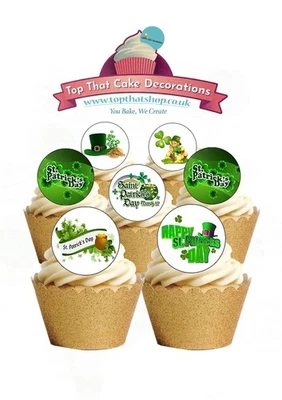 Toppers para pasteles Día de San Patricio Irlanda Irlandés 24 adornos de papel de oblea comestibles PRECORTADOS Foto 1 de 4